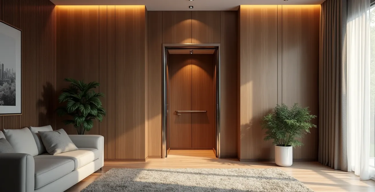 Ascenseur privatif élégant intégré harmonieusement dans un salon moderne avec finitions en bois