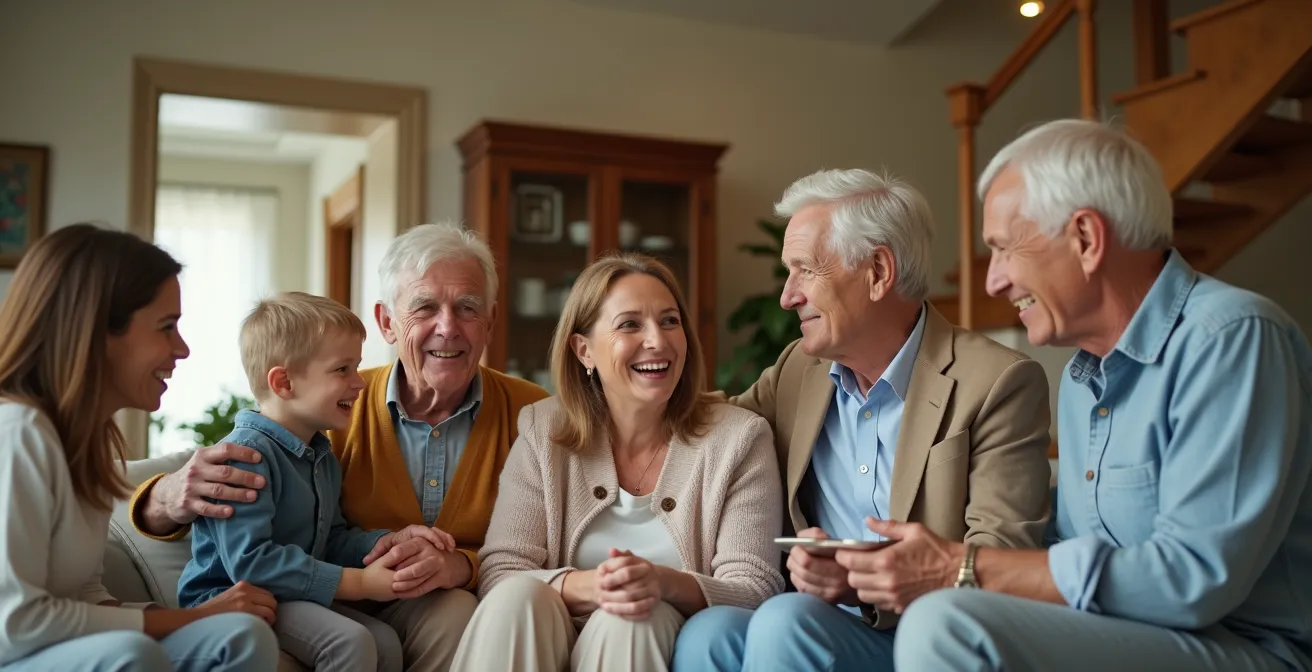 Famille multigénérationnelle se retrouvant joyeusement dans une maison équipée d'un ascenseur discret