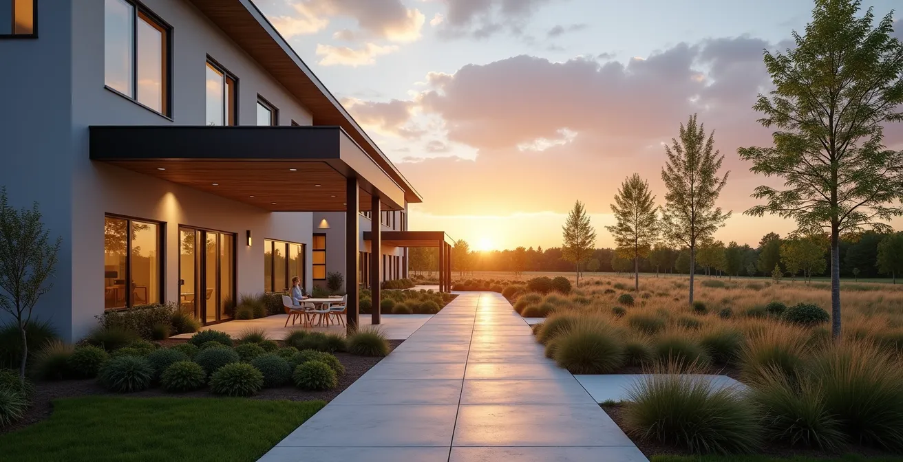 Vue large d'une résidence moderne adaptée aux seniors avec espaces verts