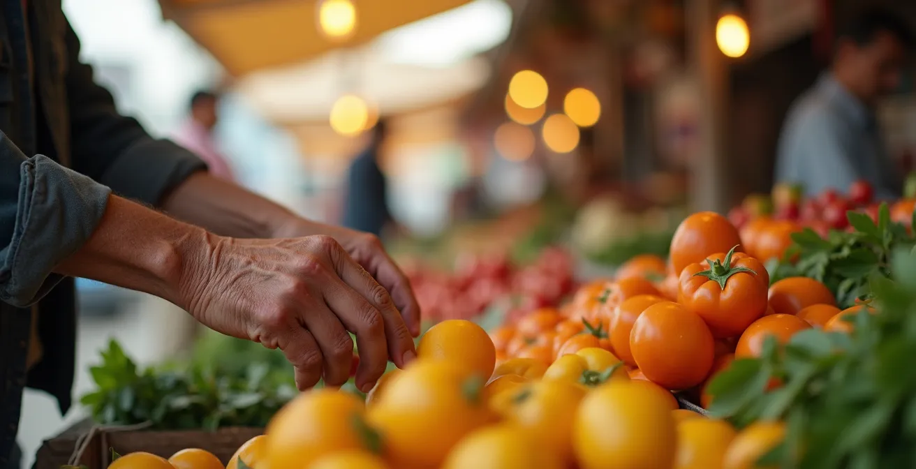 Une personne âgée fait ses courses au marché local traditionnel mosellan