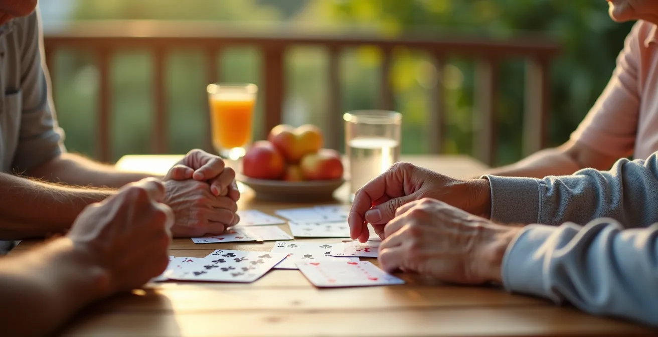 Groupe de seniors partageant un moment convivial sur une terrasse ensoleillée