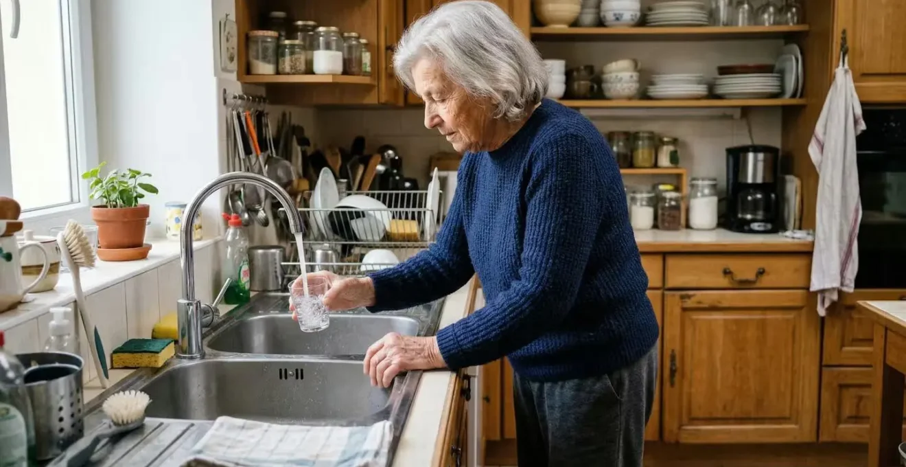 Personne âgée autonome réalisant un geste du quotidien dans sa cuisine
