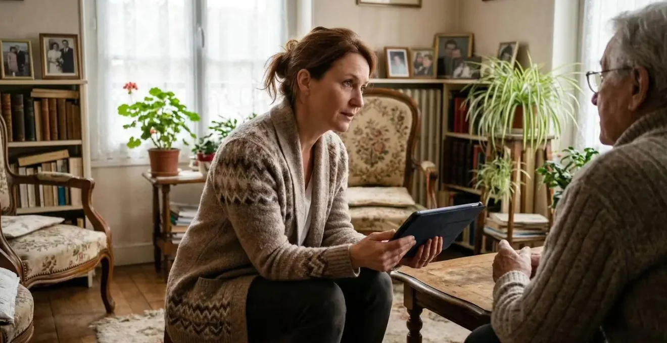Professionnelle médico-sociale en visite d'évaluation au domicile d'une personne âgée