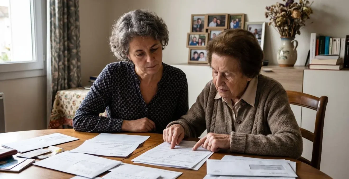 Une femme d'une cinquantaine d'années assise à côté de sa mère âgée devant des documents administratifs sur une table, lumière naturelle d'une fenêtre, intérieur d'appartement contemporain