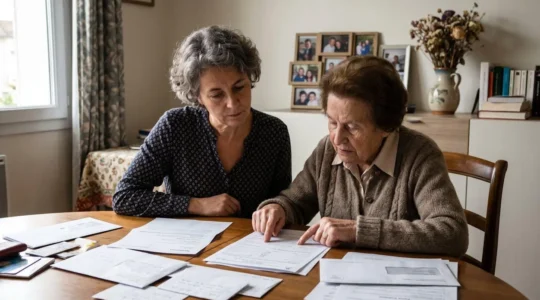 Une femme d'une cinquantaine d'années assise à côté de sa mère âgée devant des documents administratifs sur une table, lumière naturelle d'une fenêtre, intérieur d'appartement contemporain