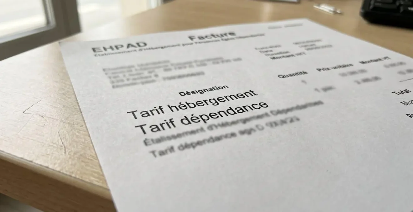 Gros plan sur un document de facture EHPAD imprimé, lignes tarifaires partiellement visibles, surface de bureau épurée, lumière naturelle, texture papier nette