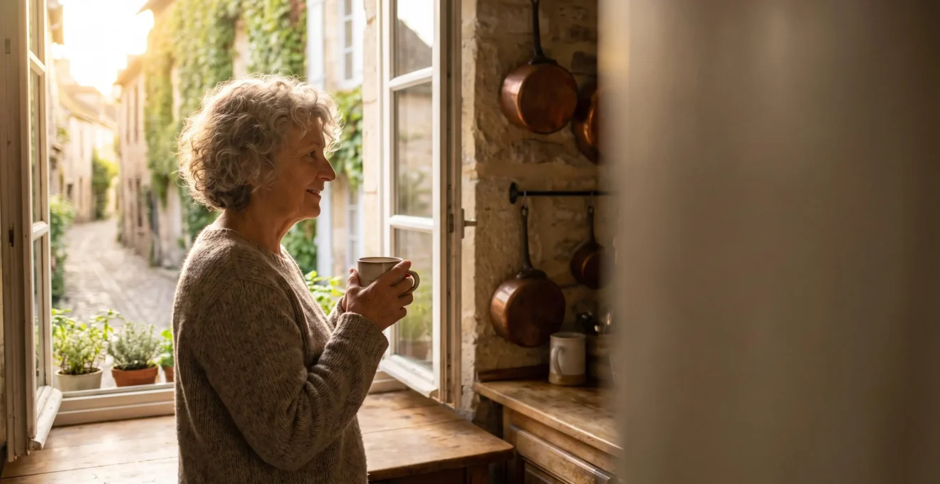 Femme senior française souriante regardant au loin depuis sa fenêtre, symbolisant le lien amical malgré la distance