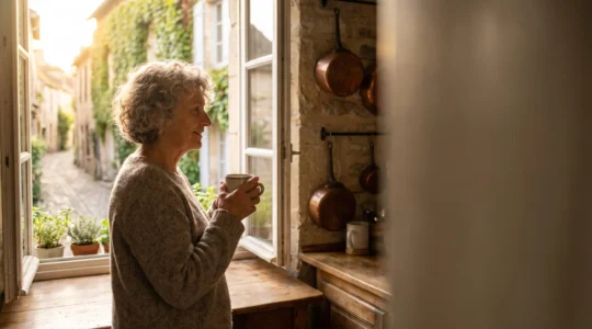 Femme senior française souriante regardant au loin depuis sa fenêtre, symbolisant le lien amical malgré la distance