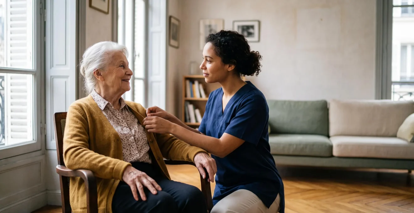 Aidant professionnel accompagnant avec bienveillance une personne âgée dans son salon lumineux, en France