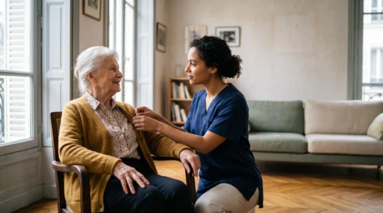 Aidant professionnel accompagnant avec bienveillance une personne âgée dans son salon lumineux, en France