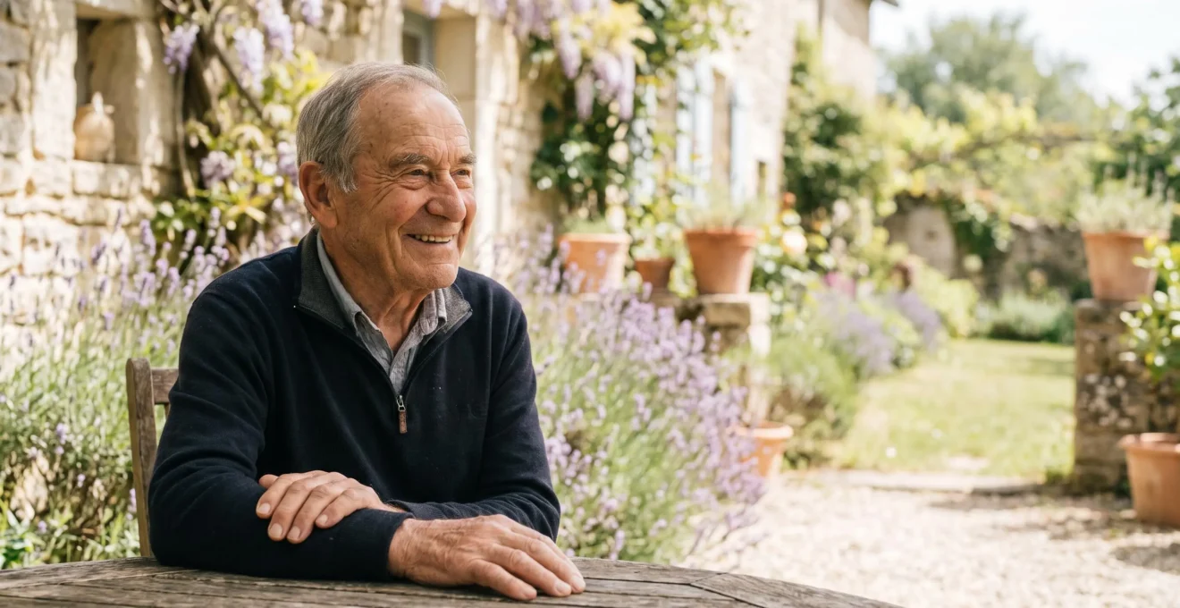 Portrait chaleureux d'une personne senior epanouie profitant d'un moment paisible dans un cadre de vie francais typique