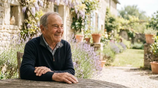 Portrait chaleureux d'une personne senior epanouie profitant d'un moment paisible dans un cadre de vie francais typique