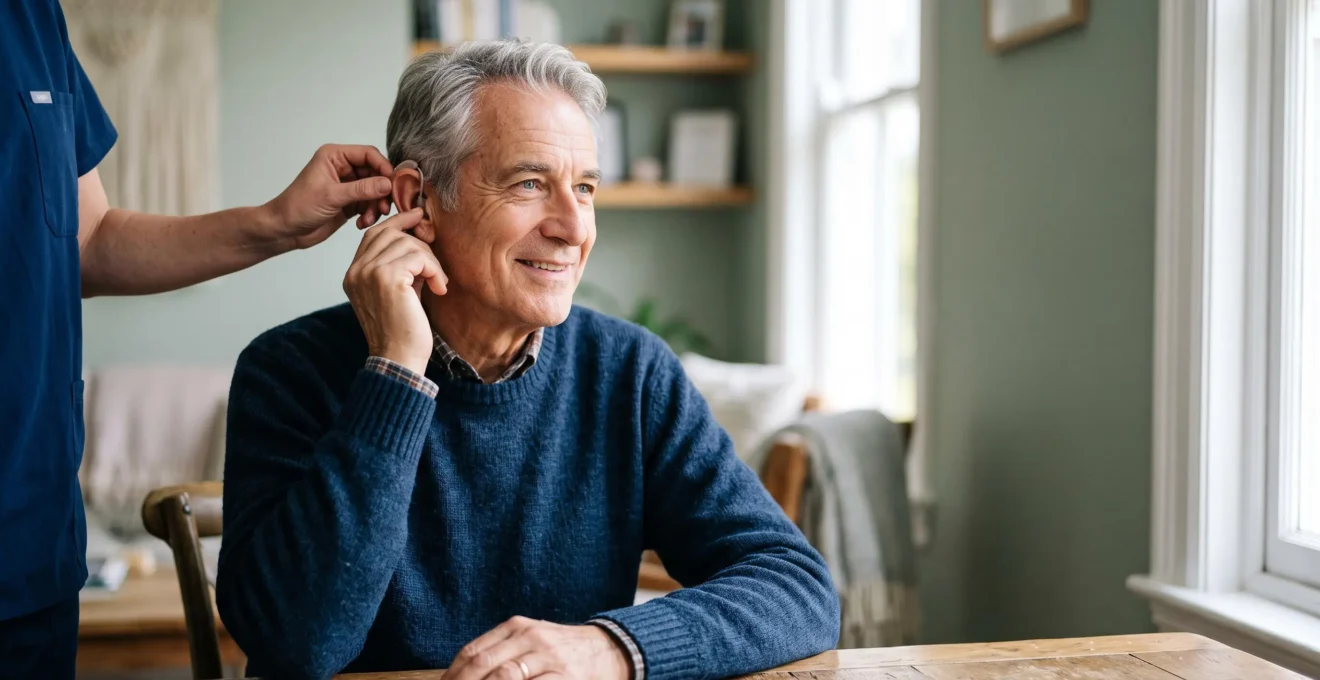 Senior souriant essayant un appareil auditif discret chez un audioprothésiste en France, moment de choix éclairé entre besoins et budget