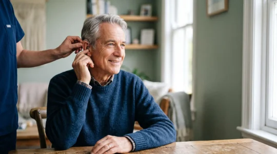 Senior souriant essayant un appareil auditif discret chez un audioprothésiste en France, moment de choix éclairé entre besoins et budget