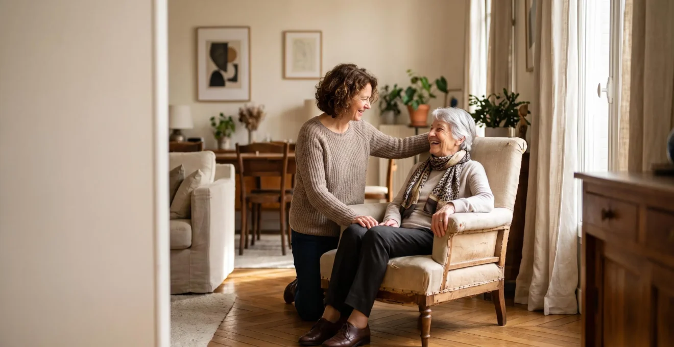 Une aide à domicile et une personne âgée partageant un moment de confiance dans un salon lumineux typique d'un appartement français