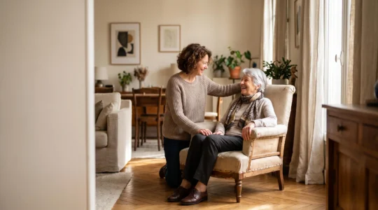 Une aide à domicile et une personne âgée partageant un moment de confiance dans un salon lumineux typique d'un appartement français