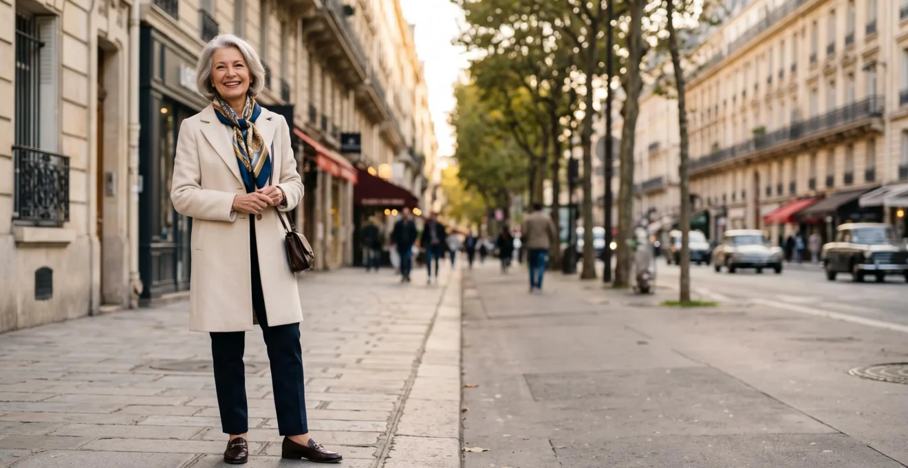 Femme senior elegante en tenue chic dans un cadre parisien, illustrant le style apres 65 ans