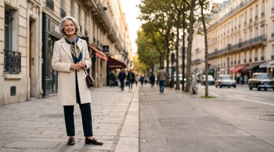 Femme senior elegante en tenue chic dans un cadre parisien, illustrant le style apres 65 ans
