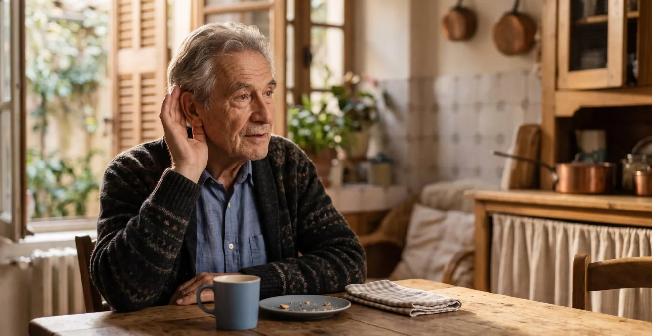 Portrait editorial d'un senior francais la main en coupe derriere l'oreille, symbole des premiers signes de perte auditive