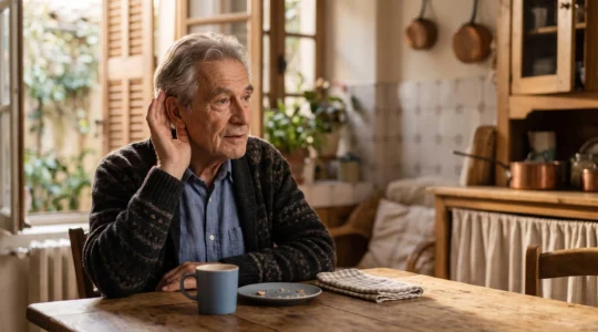 Portrait editorial d'un senior francais la main en coupe derriere l'oreille, symbole des premiers signes de perte auditive