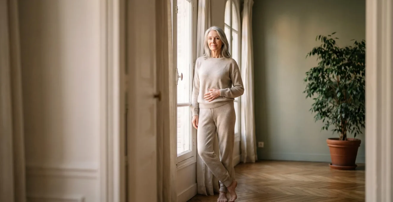 Femme senior francaise pratiquant un exercice doux de gainage postural pres d'une fenetre lumineuse, symbole de renforcement et d'autonomie retrouvee