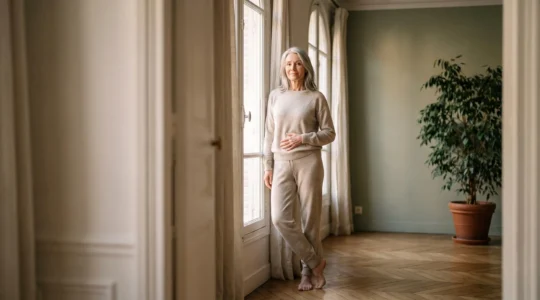 Femme senior francaise pratiquant un exercice doux de gainage postural pres d'une fenetre lumineuse, symbole de renforcement et d'autonomie retrouvee
