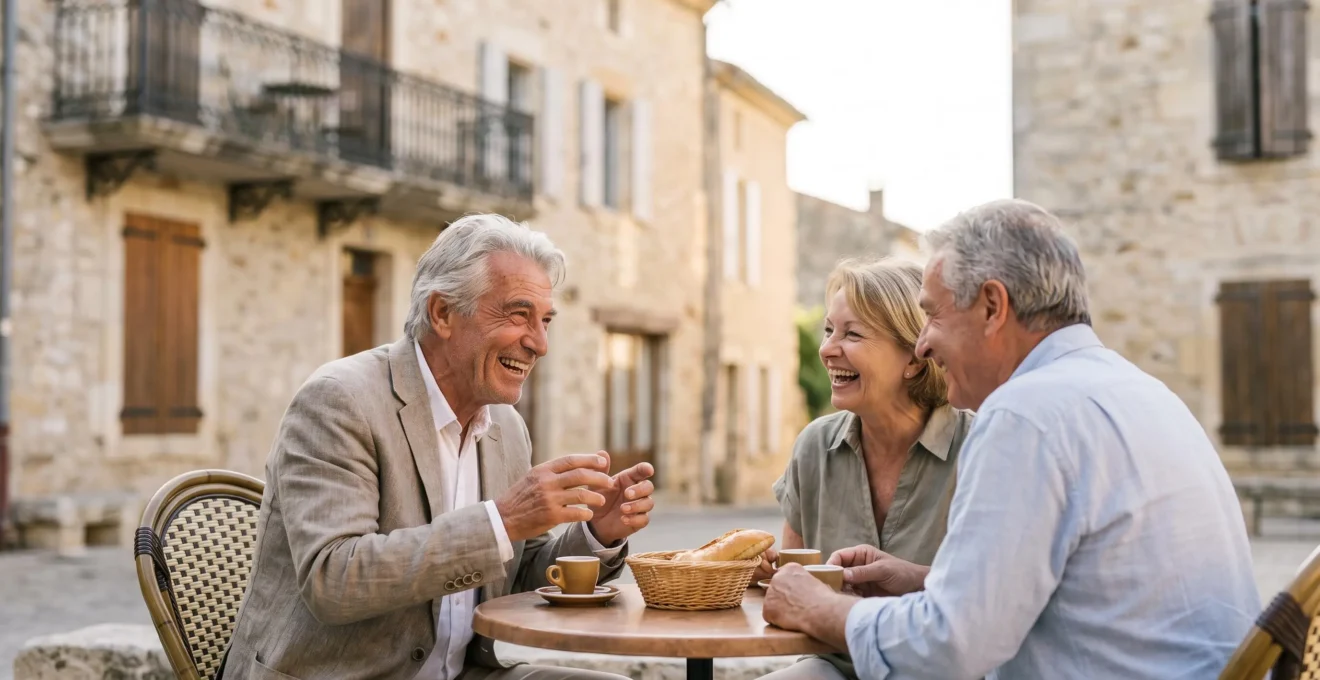 Un senior francais souriant partageant un moment convivial avec des amis autour d'une table exterieure baignee de lumiere douce
