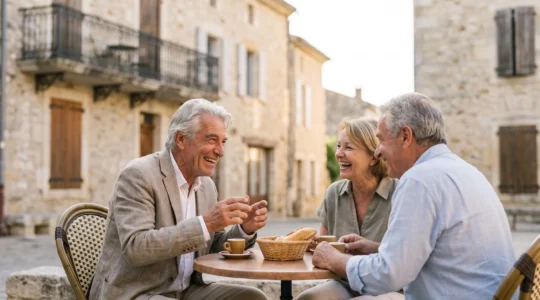 Un senior francais souriant partageant un moment convivial avec des amis autour d'une table exterieure baignee de lumiere douce