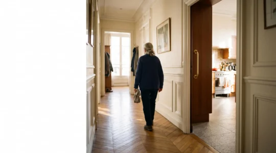 Intérieur lumineux d'un appartement français adapté avec espace de circulation dégagé pour senior autonome