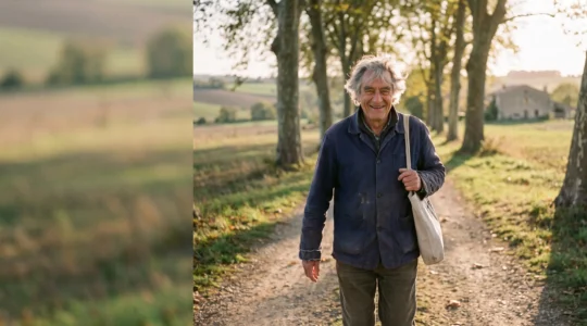 Senior actif et souriant profitant d'une marche en pleine nature en France, symbole d'une espérance de vie en bonne santé après 60 ans
