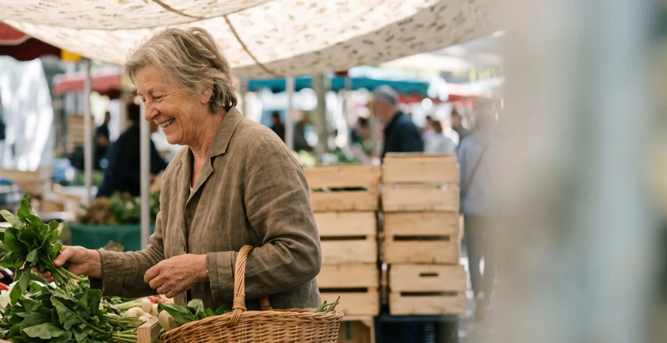 Femme senior souriante choisissant des fruits et légumes bio sur un marché français en plein air