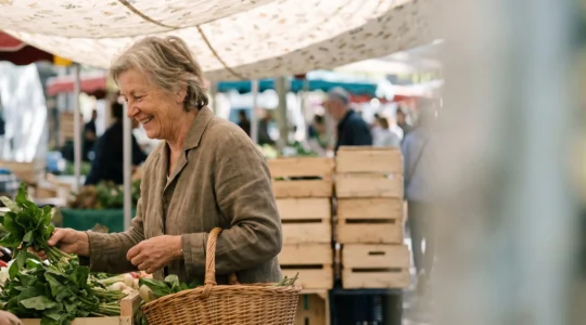 Femme senior souriante choisissant des fruits et légumes bio sur un marché français en plein air
