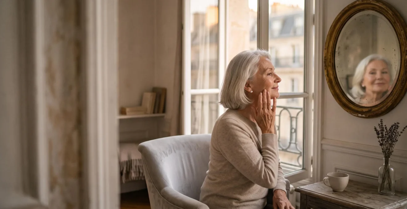 Femme senior élégante et sereine prenant soin d'elle dans une lumière naturelle, symbole du bien-vieillir à la française