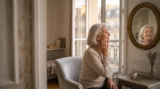 Femme senior élégante et sereine prenant soin d'elle dans une lumière naturelle, symbole du bien-vieillir à la française