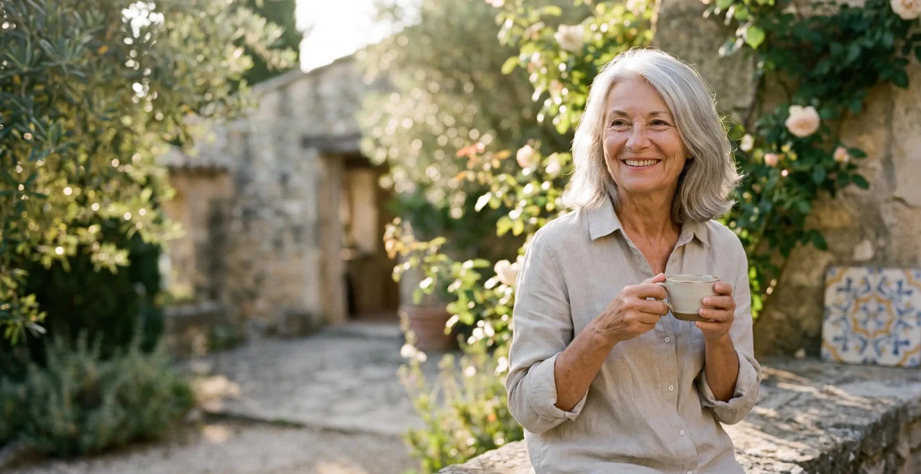 Femme senior souriante et détendue dans un jardin ou sur une terrasse en France, symbolisant l'équilibre et la qualité de vie après 65 ans