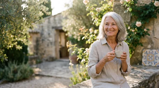 Femme senior souriante et détendue dans un jardin ou sur une terrasse en France, symbolisant l'équilibre et la qualité de vie après 65 ans