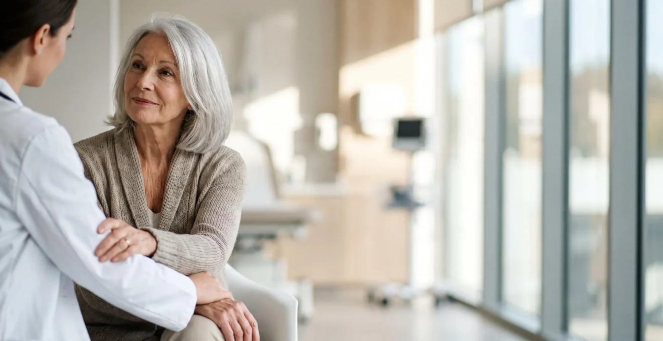 Portrait chaleureux d'une personne âgée en consultation médicale moderne en France, symbolisant l'accès aux innovations de santé après 70 ans