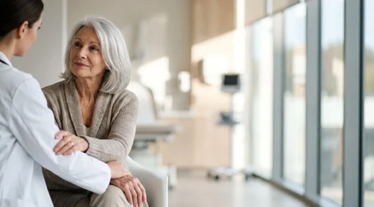 Portrait chaleureux d'une personne âgée en consultation médicale moderne en France, symbolisant l'accès aux innovations de santé après 70 ans