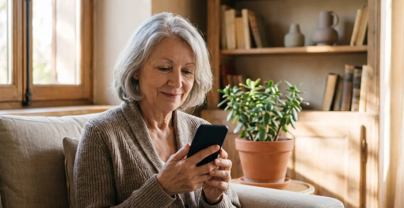 Personne senior francaise souriante et sereine tenant un smartphone dans un salon lumineux, symbole d'une decouverte apaisee du numerique