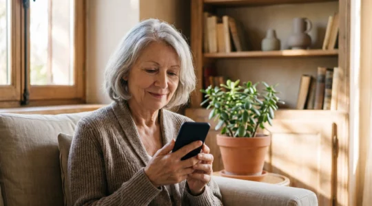 Personne senior francaise souriante et sereine tenant un smartphone dans un salon lumineux, symbole d'une decouverte apaisee du numerique
