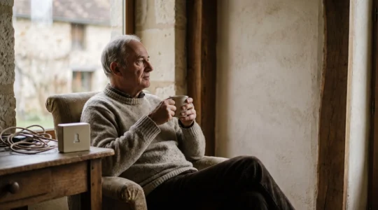 Un senior français assis confortablement chez lui, profitant d'une connexion internet fiable dans un intérieur lumineux