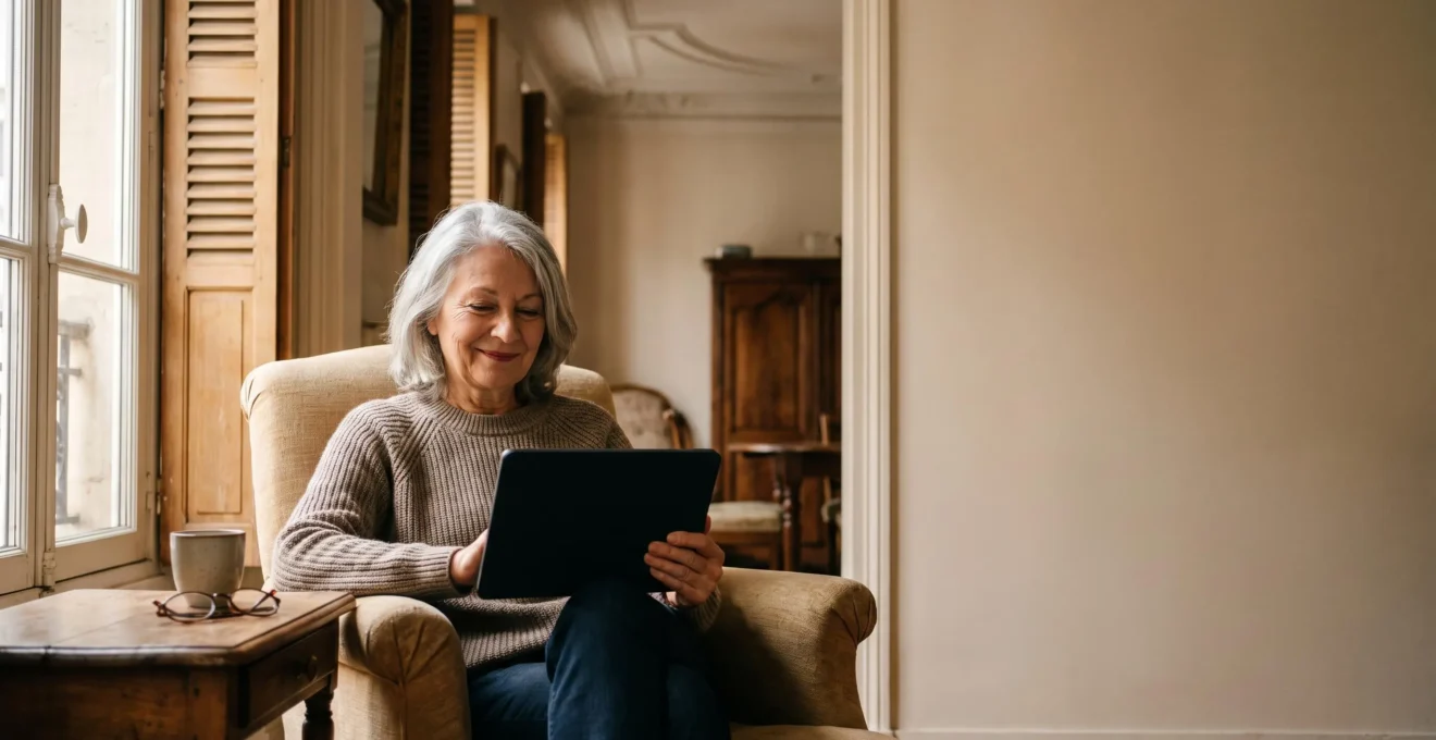 Personne âgée souriante assise dans son salon lumineux, tenant une tablette tactile aux icônes larges, dans un intérieur français chaleureux.