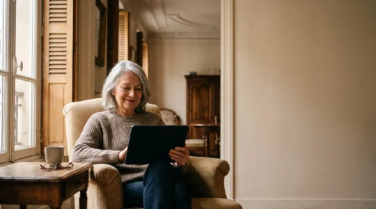 Personne âgée souriante assise dans son salon lumineux, tenant une tablette tactile aux icônes larges, dans un intérieur français chaleureux.