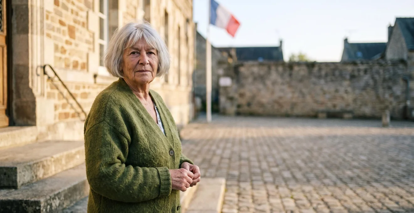 Personne âgée française debout devant la façade d'une mairie, symbolisant le début du parcours vers ses droits sociaux