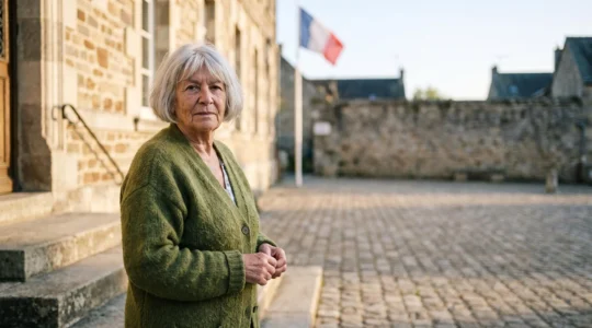 Personne âgée française debout devant la façade d'une mairie, symbolisant le début du parcours vers ses droits sociaux