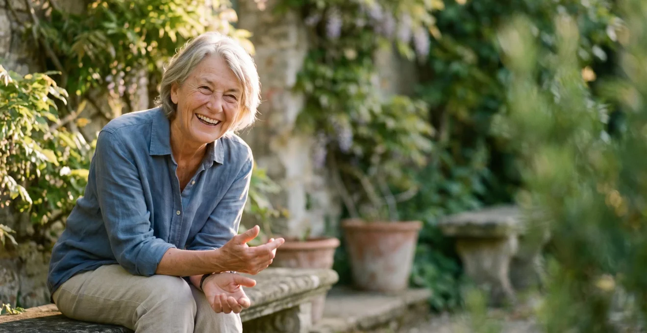 Une personne senior souriante et active, assise dans un jardin lumineux typique d'un village francais, symbole d'une vieillesse epanouie