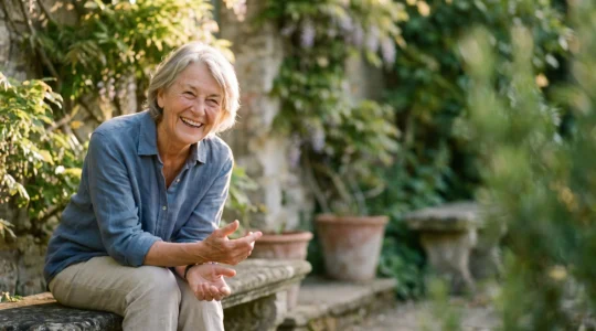 Une personne senior souriante et active, assise dans un jardin lumineux typique d'un village francais, symbole d'une vieillesse epanouie