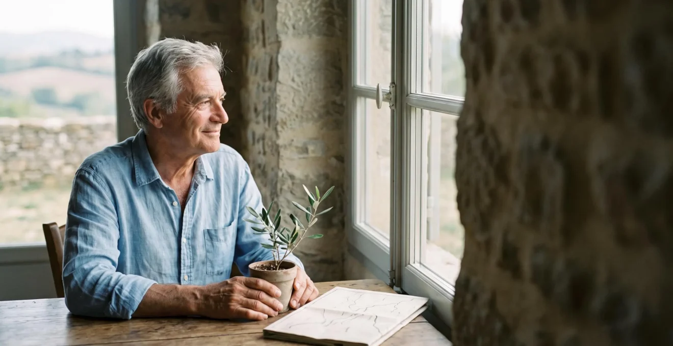 Homme senior souriant assis face à une grande fenêtre lumineuse, esquissant sereinement les contours de son nouveau projet de vie à la retraite