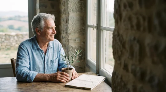 Homme senior souriant assis face à une grande fenêtre lumineuse, esquissant sereinement les contours de son nouveau projet de vie à la retraite