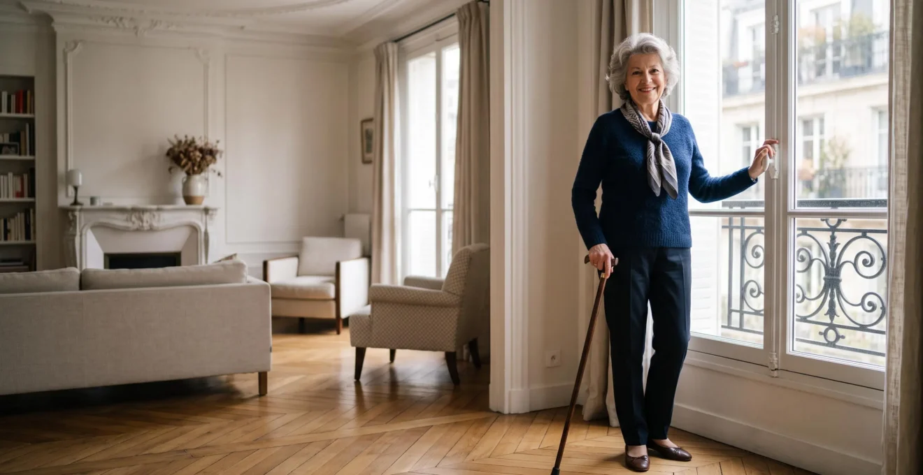 Femme senior française souriante et sereine dans son salon lumineux, symbolisant l'autonomie retrouvée après 70 ans